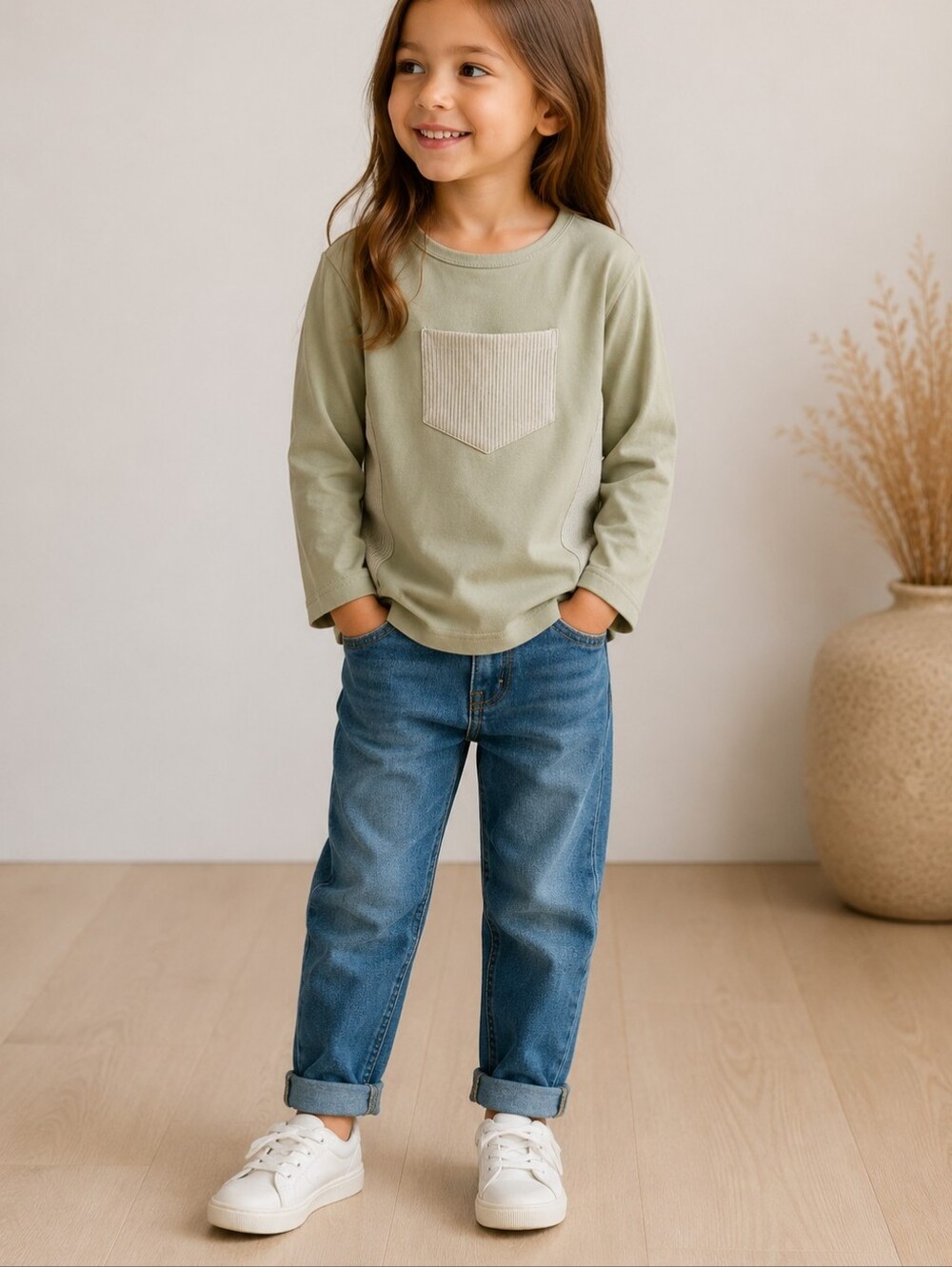Kokao Paris Green Long Sleeve Crewneck T-shirt Ribbed Trim Casual Basic Girls' 5